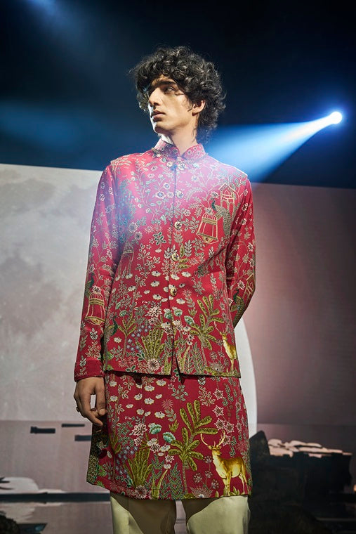 Red Silk Floral and Animal Embroidery Kurta Jacket Set