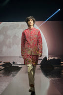 Red Silk Floral and Animal Embroidery Kurta Jacket Set