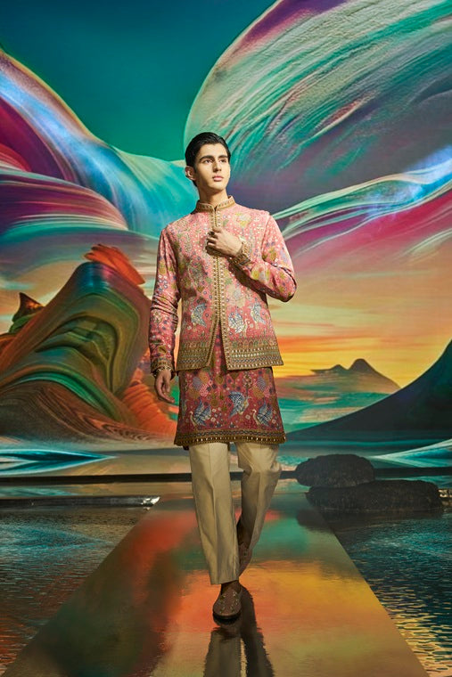 Onion Pink Silk Floral and Animal Embroidery Kurta Jacket Set
