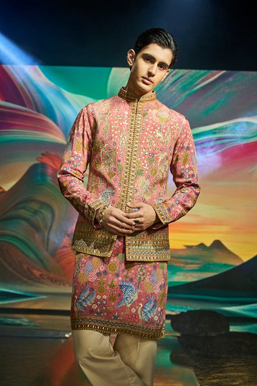 Onion Pink Silk Floral and Animal Embroidery Kurta Jacket Set