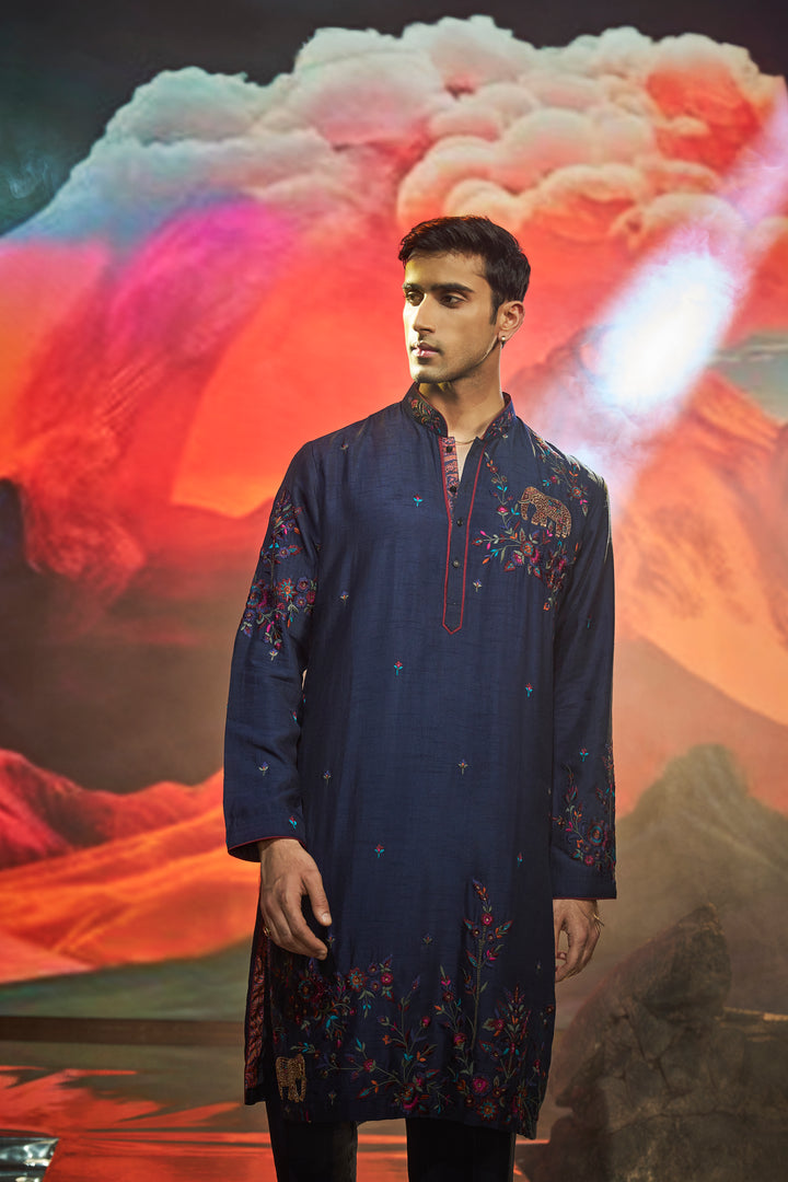 Navy Blue Floral and Animal Placement Embroidery Silk Kurta Set
