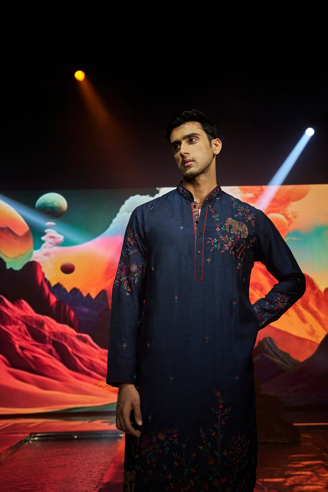 Navy Blue Floral and Animal Placement Embroidery Silk Kurta Set
