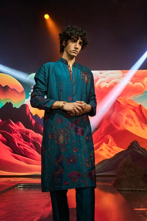 Rama Green Floral Embroidery Silk Kurta Set