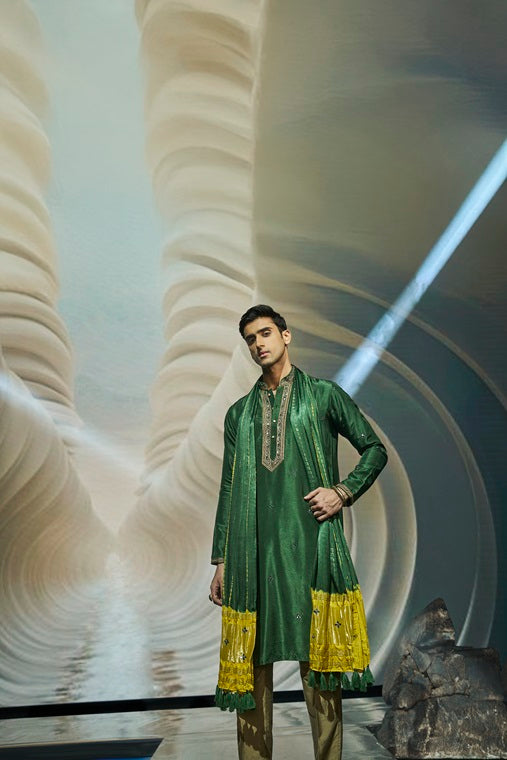 Green Silk Kurta and Dupatta Set with Highlight Embroidery