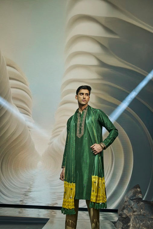 Green Silk Kurta and Dupatta Set with Highlight Embroidery