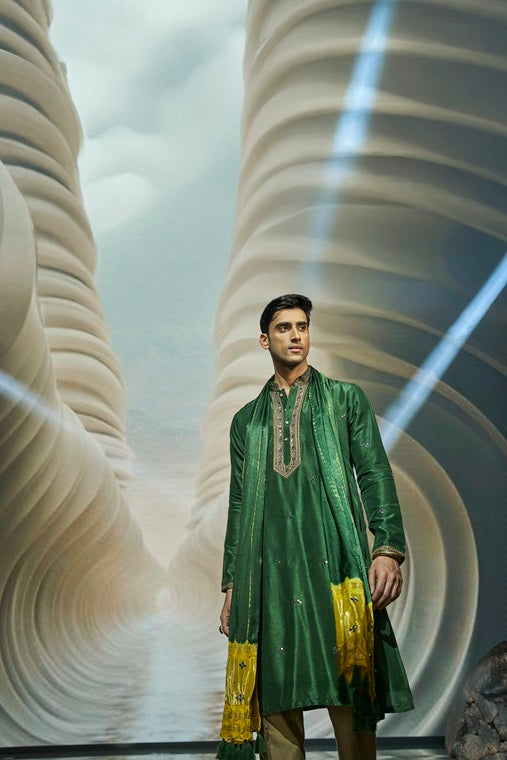 Green Silk Kurta and Dupatta Set with Highlight Embroidery