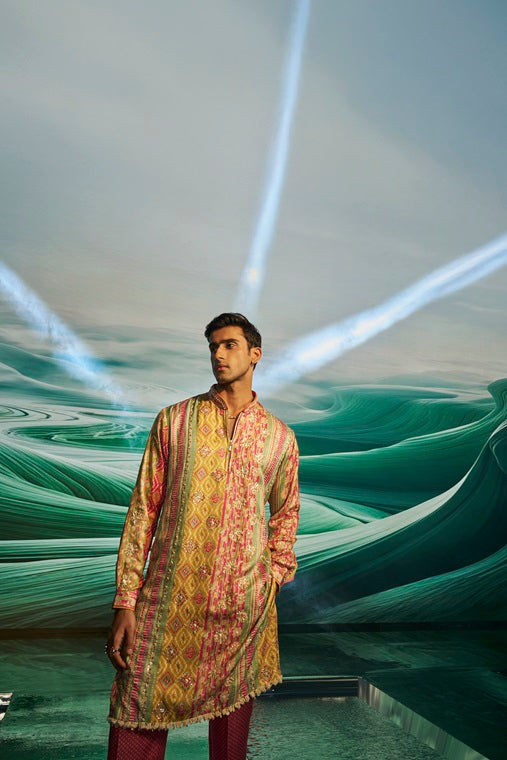 Mustard with Multi-Coloured Pattern Print Silk Kurta Set with Highlight Embroidery