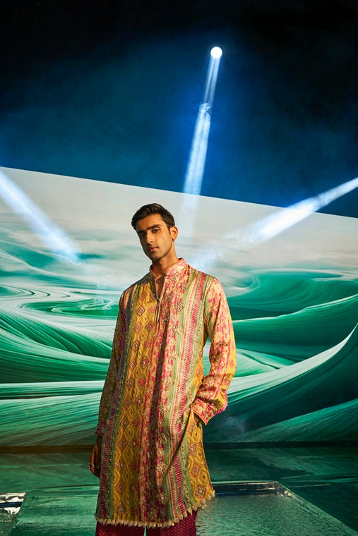 Mustard with Multi-Coloured Pattern Print Silk Kurta Set with Highlight Embroidery