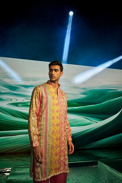 Mustard with Multi-Coloured Pattern Print Silk Kurta Set with Highlight Embroidery