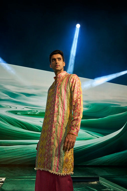 Mustard with Multi-Coloured Pattern Print Silk Kurta Set with Highlight Embroidery