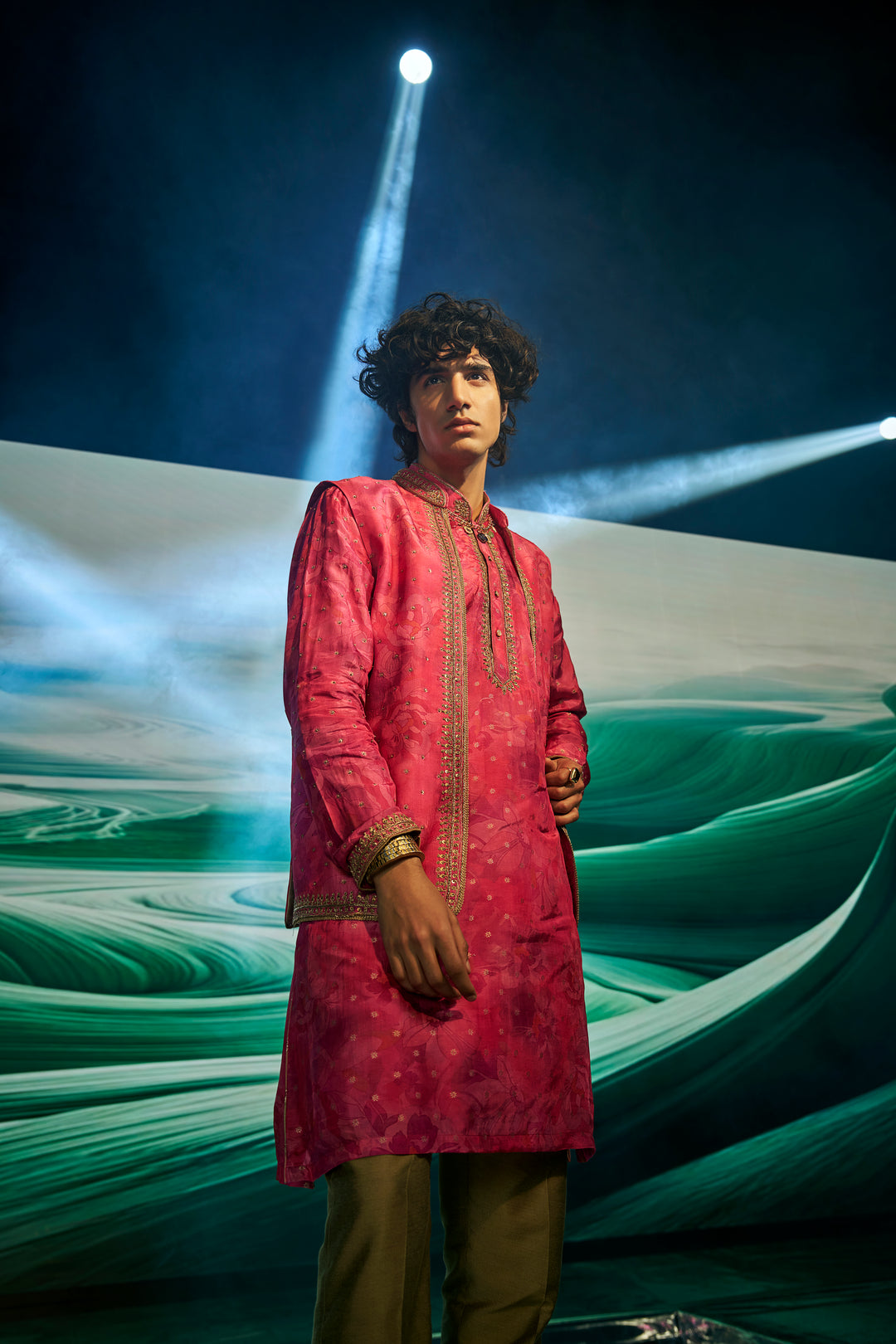 Dark Green Floral Print Silk Kurta Jacket Set with Gold Highlight Embroidery