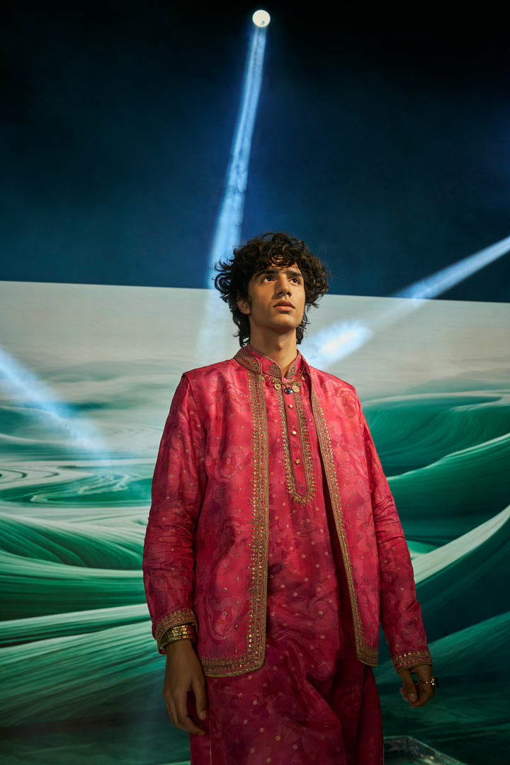 Dark Green Floral Print Silk Kurta Jacket Set with Gold Highlight Embroidery
