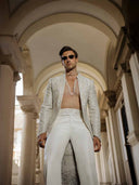 Classic cream linen satin Indo Western set by KoraNm