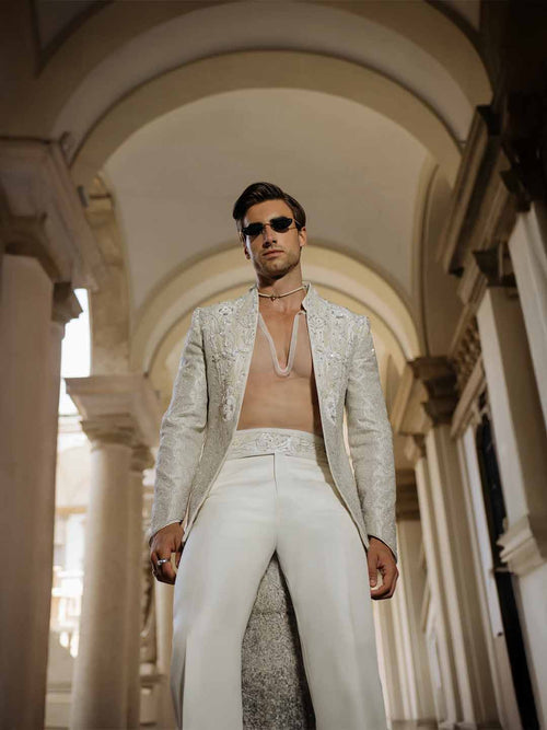 Classic cream linen satin Indo Western set by KoraNm