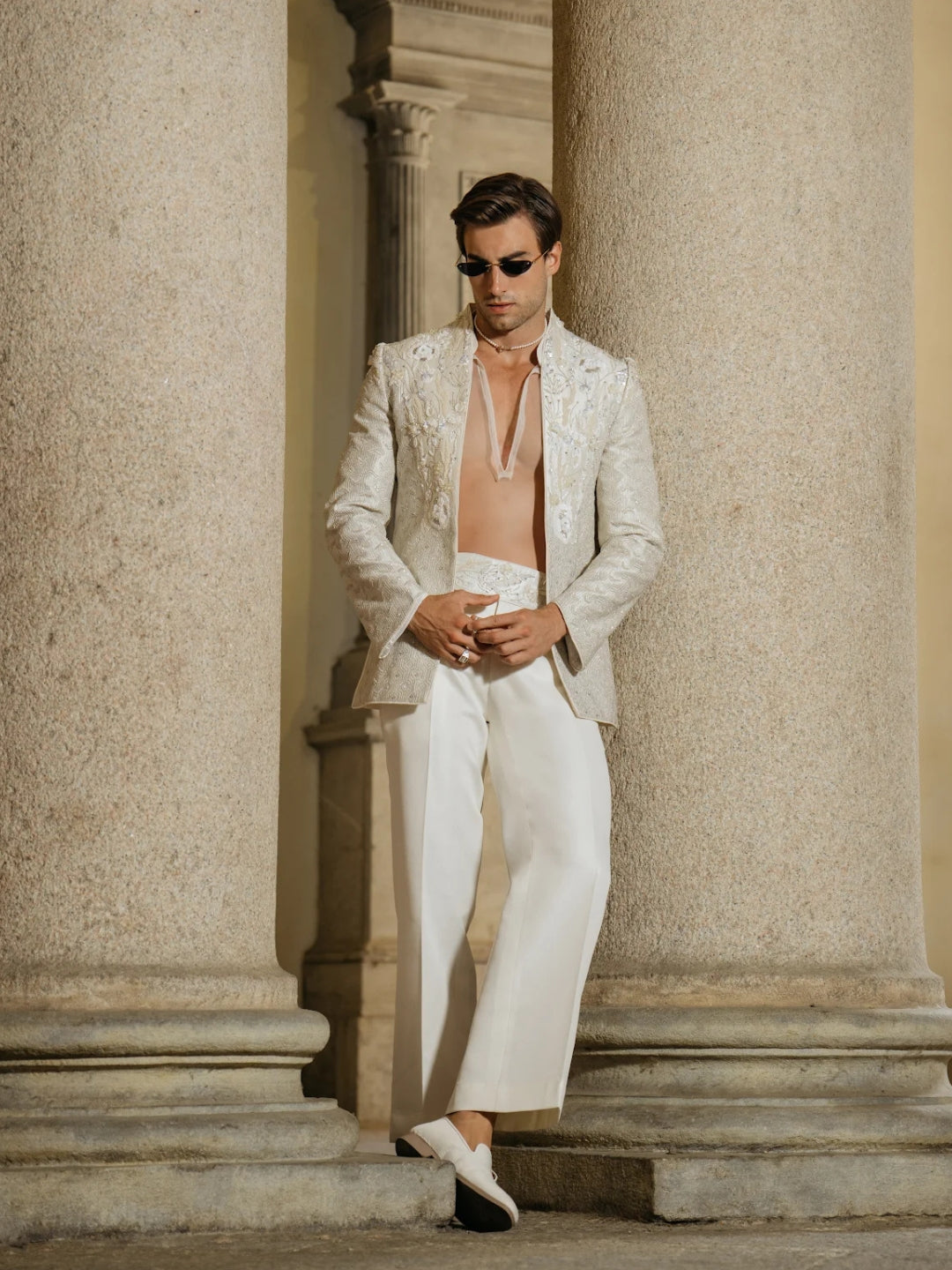 Elegant cream men’s wedding Indo Western attire by KoraNm