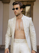 Side view showcasing structured Indo Western silhouette