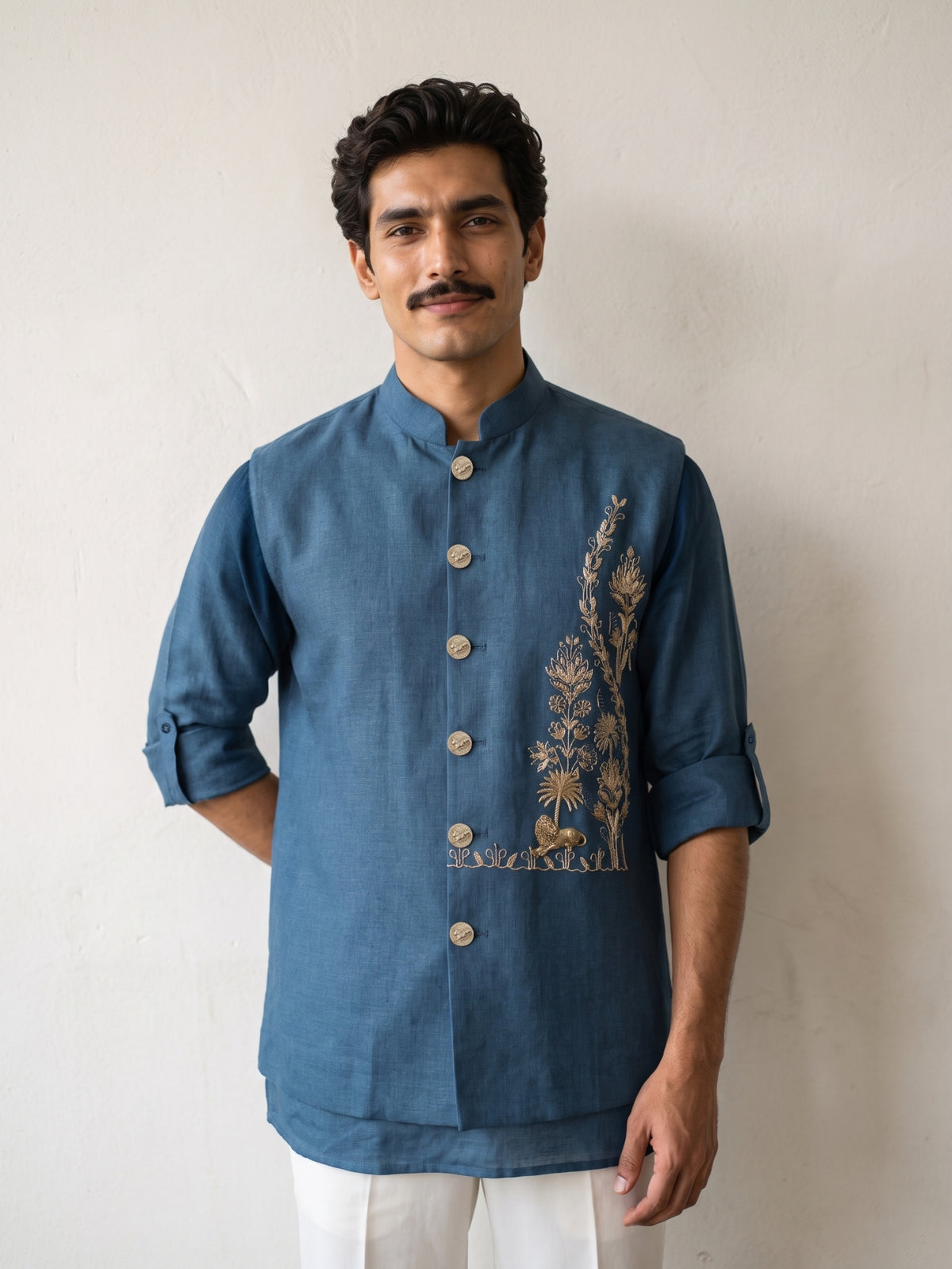 Peacock Blue Linen Bandi Shirt with Gold Botanical & Lion Hand Embroidery for Men