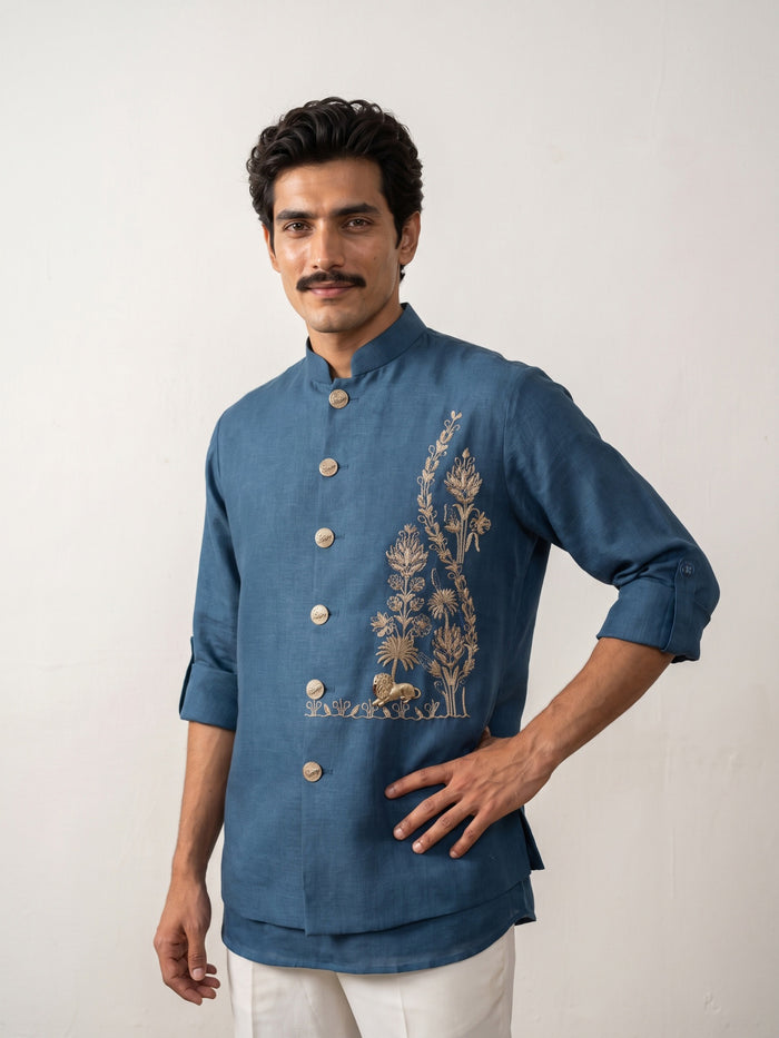 Peacock Blue Linen Bandi Shirt with Gold Botanical & Lion Hand Embroidery for Men