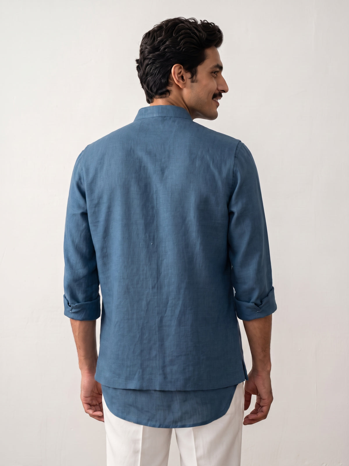 Peacock Blue Linen Bandi Shirt with Gold Botanical & Lion Hand Embroidery for Men