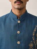 Peacock Blue Linen Bandi Shirt with Gold Botanical & Lion Hand Embroidery for Men