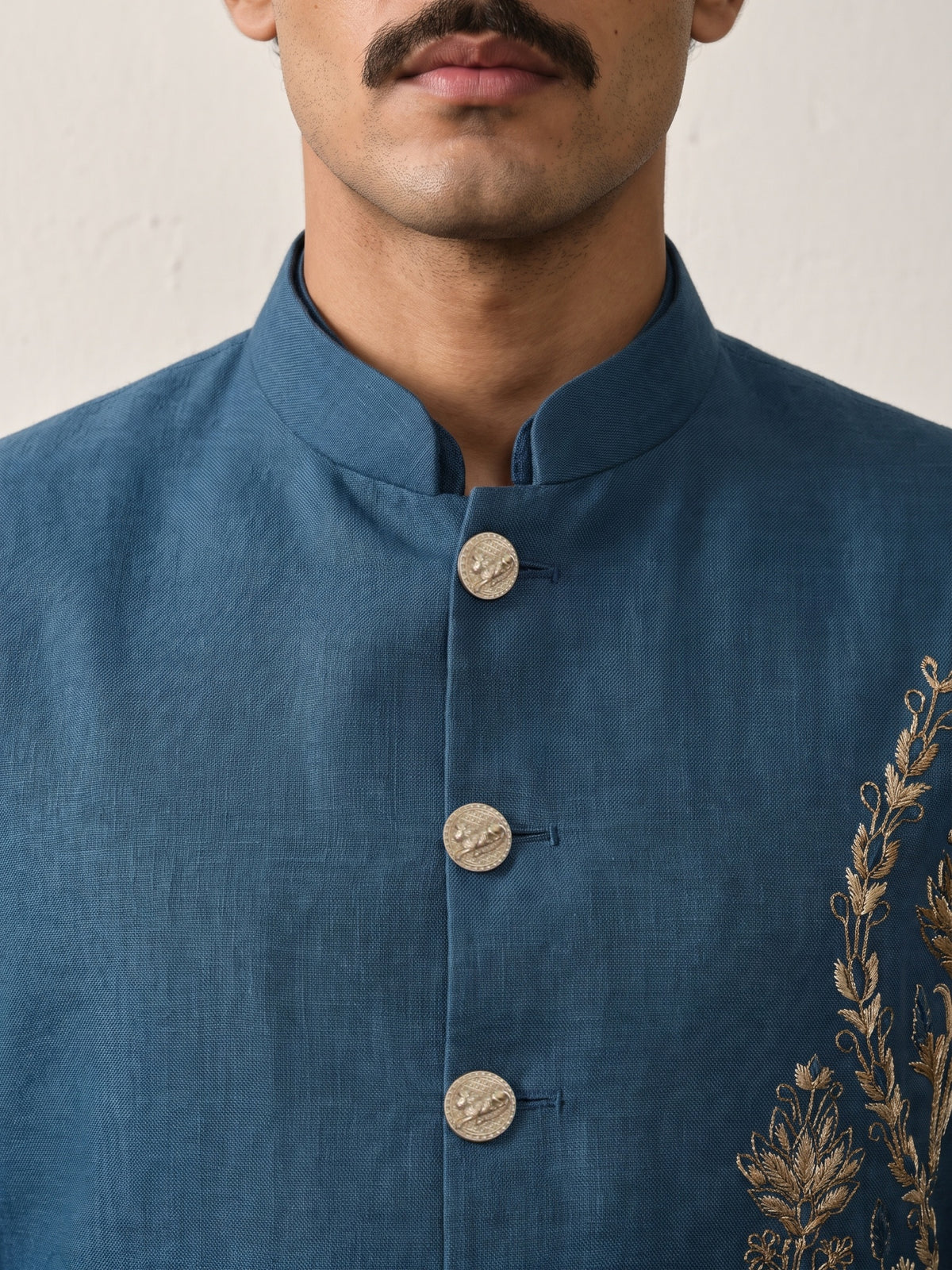 Peacock Blue Linen Bandi Shirt with Gold Botanical & Lion Hand Embroidery for Men