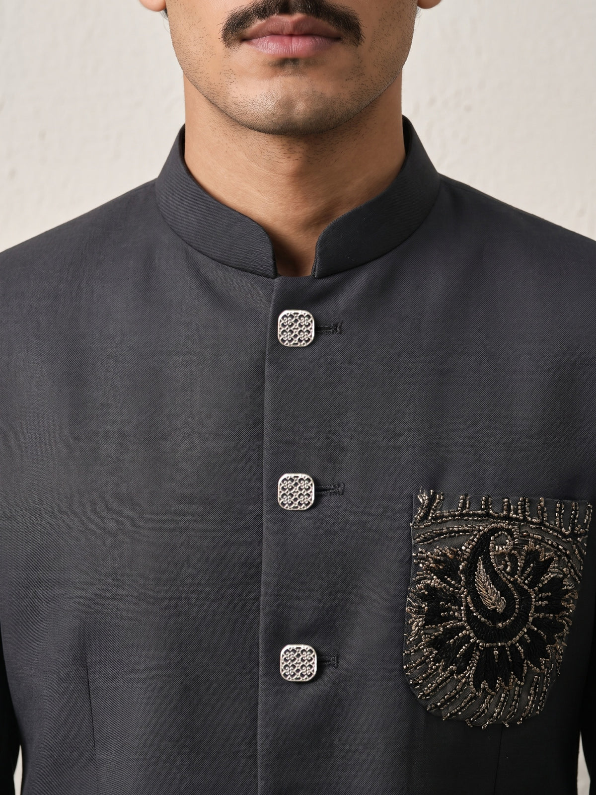 Black Terry Rayon Bandi Shirt with Zari Embroidered Velvet Pocket for Men
