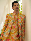 Mustard Indowestern Set with Detailed Print & Embroidery