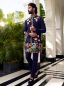 Refined Navy Jodhpuri Set with Artistic Print & Embroidery