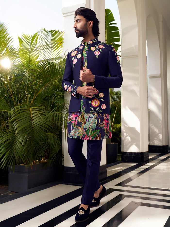 Refined Navy Jodhpuri Set with Artistic Print & Embroidery