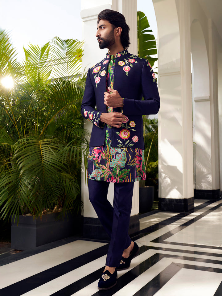 Refined Navy Jodhpuri Set with Artistic Print & Embroidery