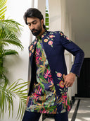 Refined Navy Jodhpuri Set with Artistic Print & Embroidery