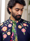 Refined Navy Jodhpuri Set with Artistic Print & Embroidery