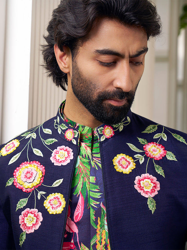 Refined Navy Jodhpuri Set with Artistic Print & Embroidery