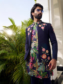 Refined Navy Jodhpuri Set with Artistic Print & Embroidery