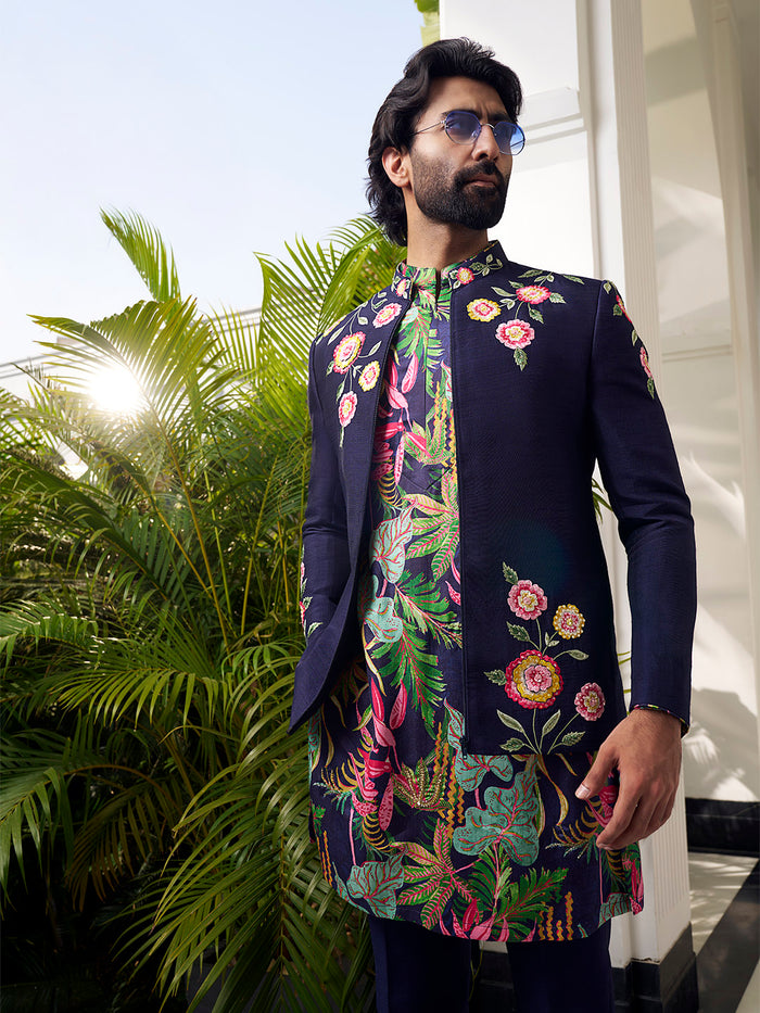 Refined Navy Jodhpuri Set with Artistic Print & Embroidery