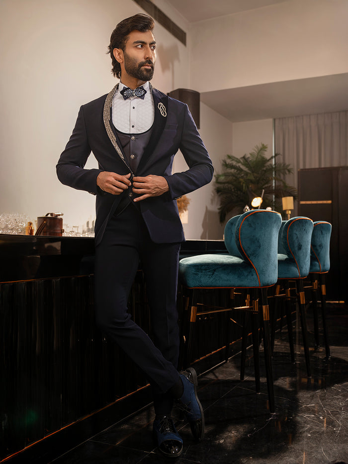 Royal Navy Tuxedo with Intricate Embroidery Accents - KORANM