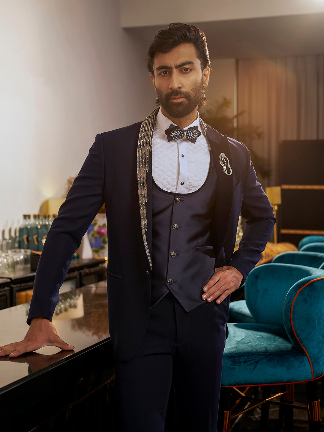 Royal Navy Tuxedo with Intricate Embroidery Accents - KORANM