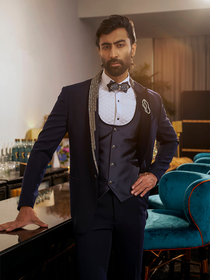 Royal Navy Tuxedo with Intricate Embroidery Accents