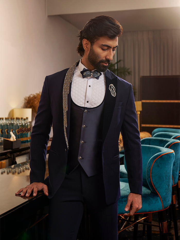 Royal Navy Tuxedo with Intricate Embroidery Accents - KORANM