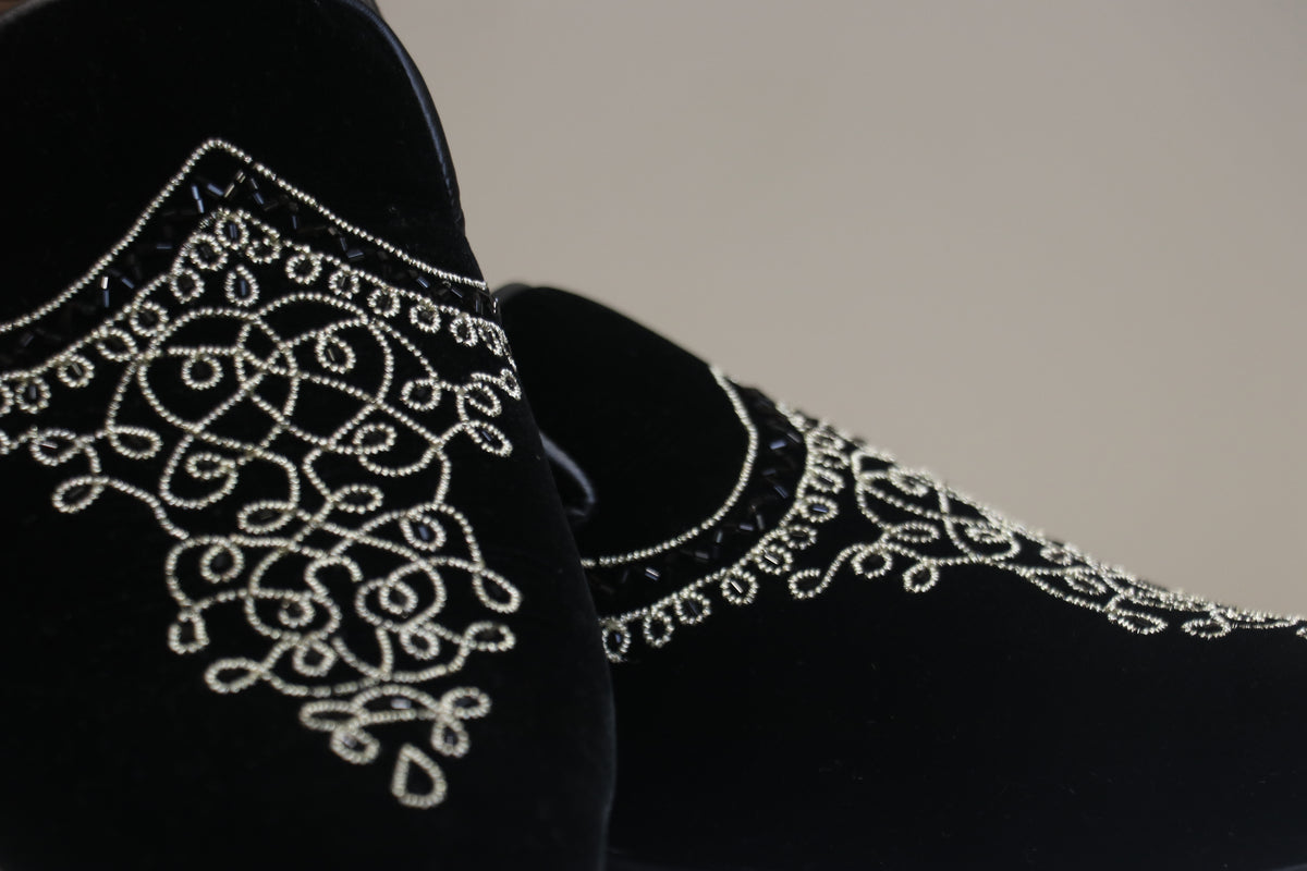 Black Velvet Embroidered Loafers with Intricate Metallic Detailing for Men