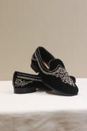 Black Velvet Embroidered Loafers with Intricate Metallic Detailing for Men