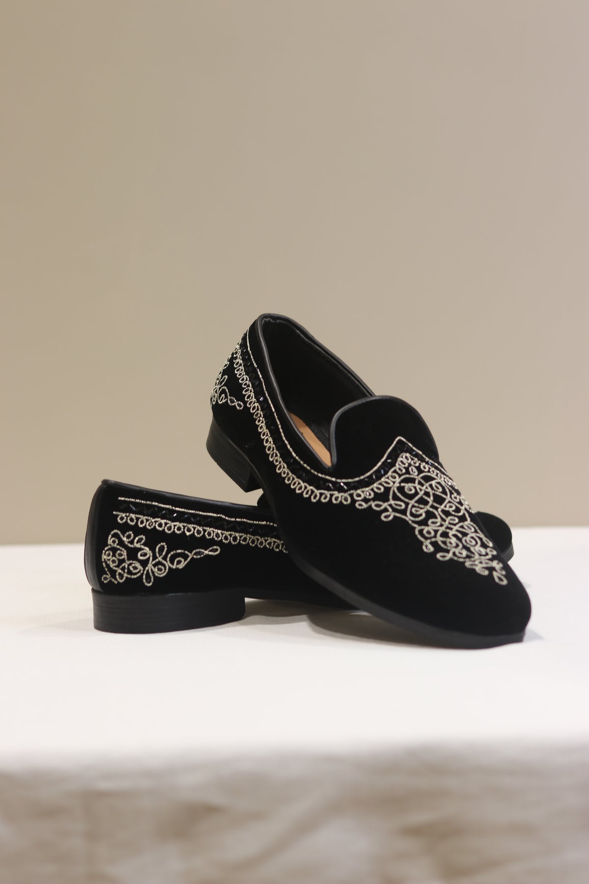 Black Velvet Embroidered Loafers with Intricate Metallic Detailing for Men