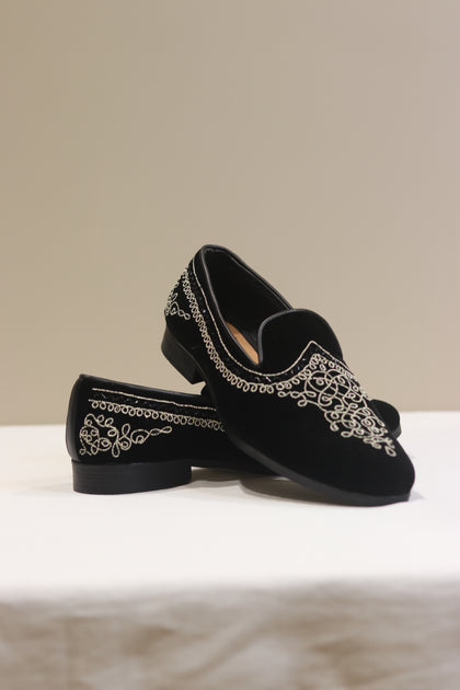 Black Velvet Embroidered Loafers with Intricate Metallic Detailing for Men