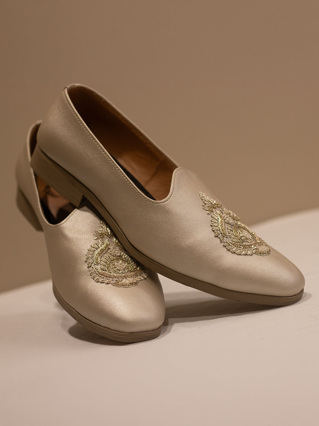 Tussar Leather Hand-Embroidered Loafers with Intricate Paisley Detailing for Men