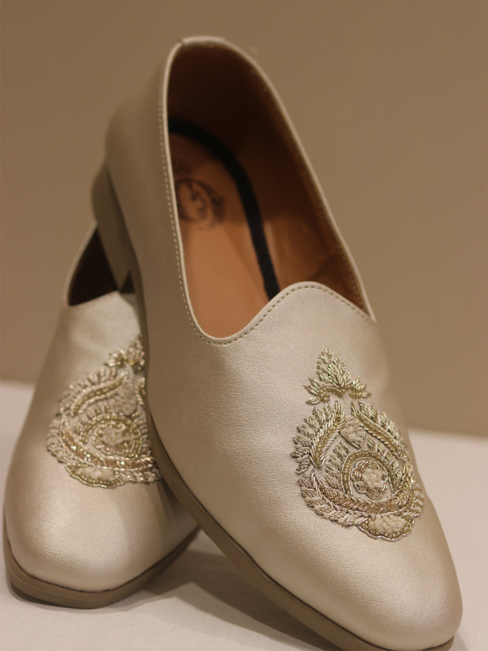 Tussar Leather Hand-Embroidered Loafers with Intricate Paisley Detailing for Men