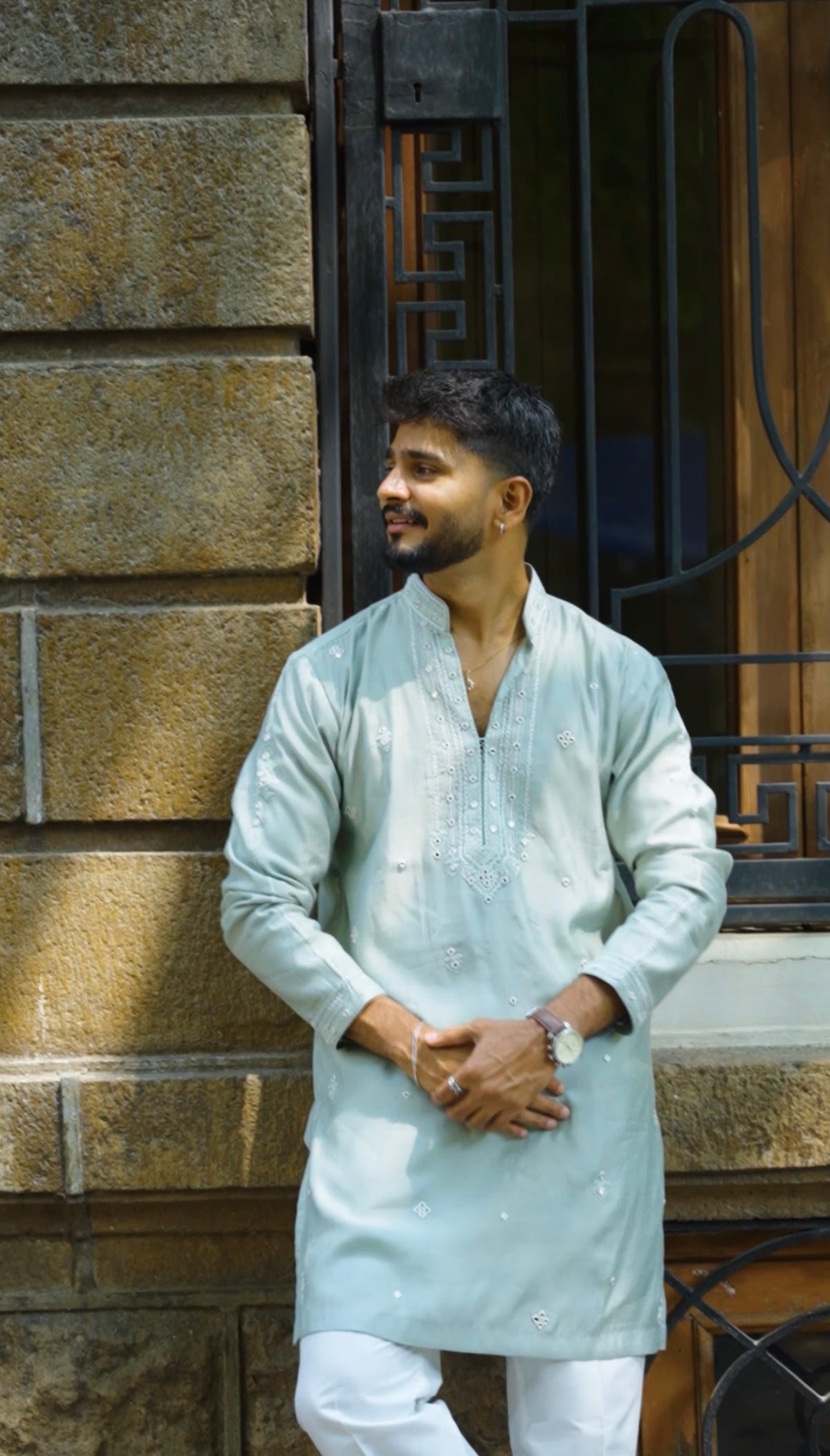 Powder Blue Premium Silk Kurta Alighari with Mirror Work