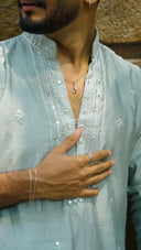 Powder Blue Premium Silk Kurta Alighari with Mirror Work