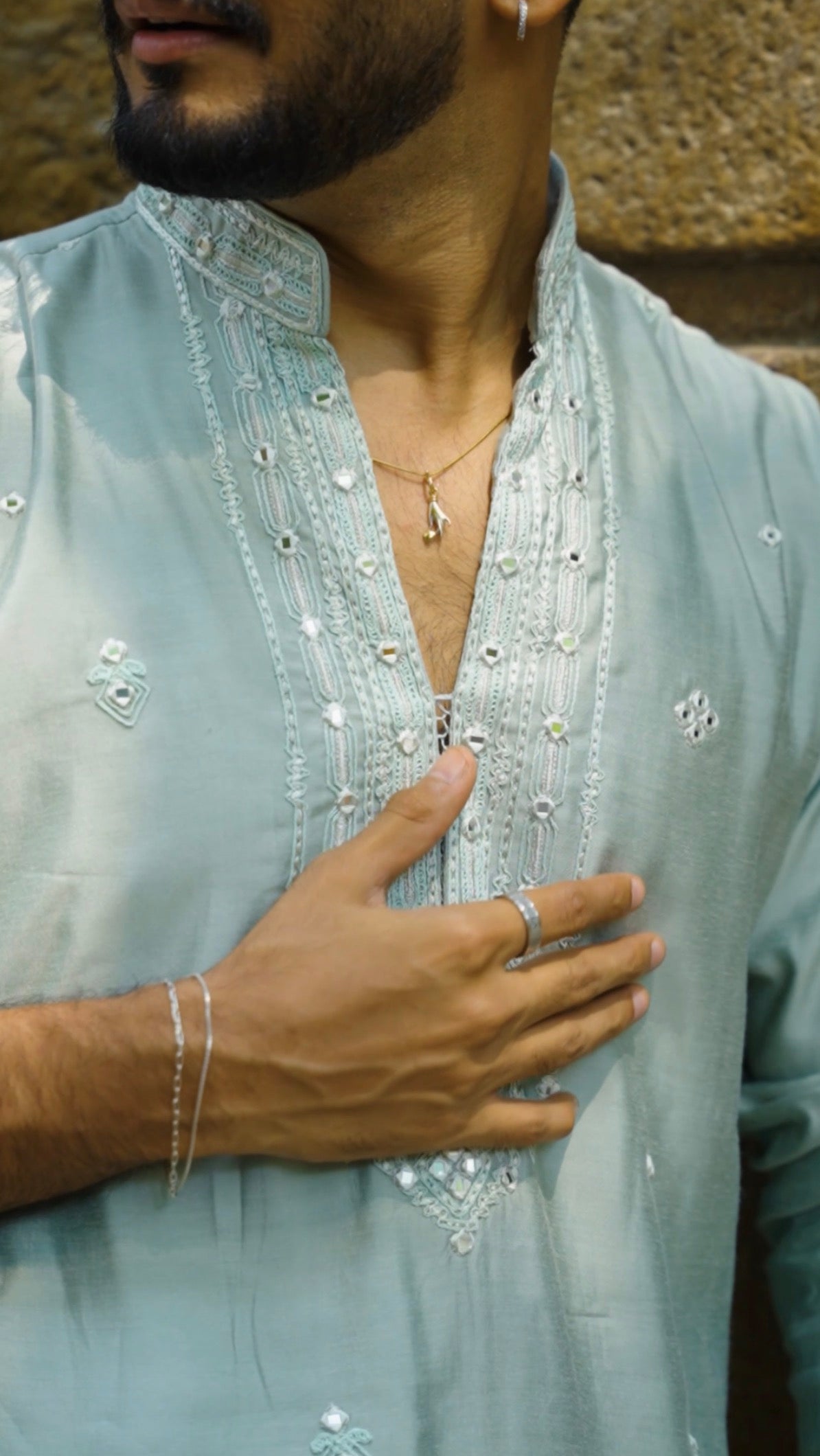Powder Blue Premium Silk Kurta Alighari with Mirror Work