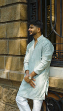 Powder Blue Premium Silk Kurta Alighari with Mirror Work