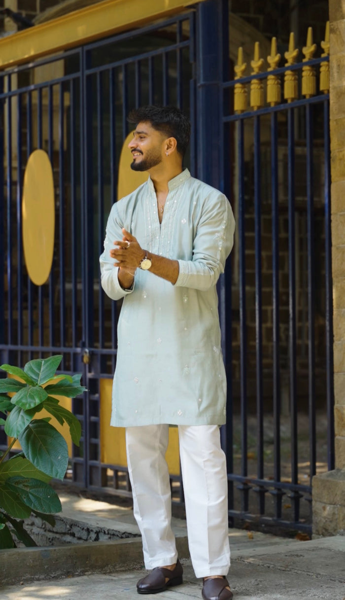 Powder Blue Premium Silk Kurta Alighari with Mirror Work